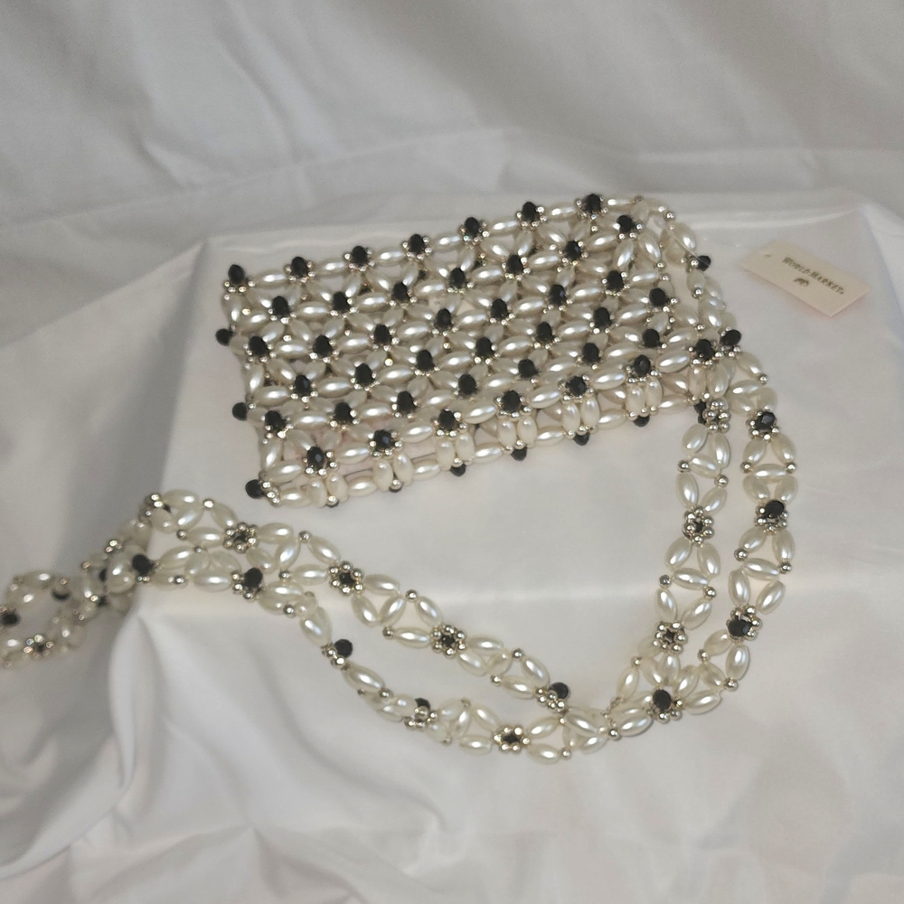 Cost Plus World Market Pearl and Black Beaded Mini Bag